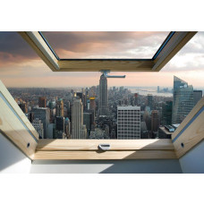 3D fotobehang met een raamuitzicht op de skyline van New York.