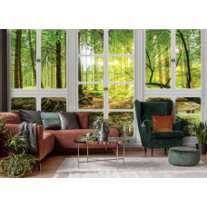 Fotobehang met uitzicht op zonnig bos met groene natuur en zonnestralen, ideaal voor de huiskamer.
