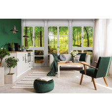 Fotobehang met boszicht in zonnig groen landschap, passend voor de woonkamer.