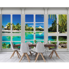 3D-fotobehang van Hawaii-perspectief door raam in keuken.