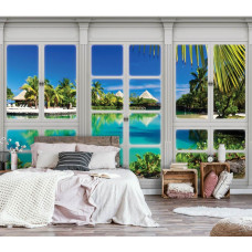 3D-fotobehang met uitzicht op Hawaii door raam in slaapkamer.
