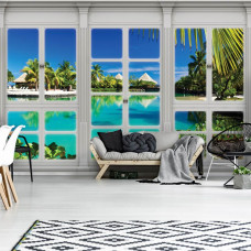 3D-fotobehang met Hawaii-uitzicht door raam in woonkamer.