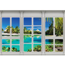 Uitzicht op Hawaii door een raam met 3D-perspectief op fotobehang.