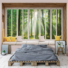 3D fotobehang uitzicht op het zonnige bos vanuit het raam in huiskamer en slaapkamer.