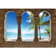3D-fotobehang met uitzicht op een strand met palmbomen, zacht zand en een eindeloze zee, dat diepte en realisme toevoegt aan elke ruimte.