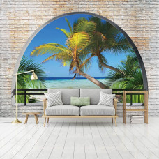 3D-fotobehang met uitzicht op tropische palmbomen en een zandstrand, tegen een stenen muur, geschikt voor de slaapkamer.