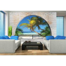 3D-fotobehang met tropisch uitzicht op palmbomen en een wit zandstrand, ideaal voor de woonkamer.