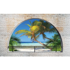 3D-fotobehang met uitzicht op een tropisch strand met palmbomen en een stenen muur, ideaal voor een sfeervolle wanddecoratie.