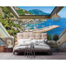 Een fotobehang met een 3D-raamuitzicht op zee en bergen, ideaal voor de slaapkamer.