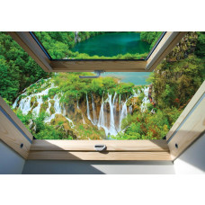 3D fotobehang met uitzicht op een indrukwekkende waterval, stromend door het bos.