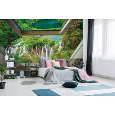 Een fotobehang met een dakraamuitzicht op een waterval, perfect voor de slaapkamer.