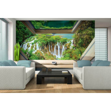 Een fotobehang van een grote waterval door een raam voor de woonkamer.