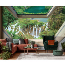 Een fotobehang met een grote waterval voor de woonkamer.