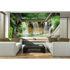 Een 3D-fotobehang van een grote waterval door een raam voor de woonkamer.