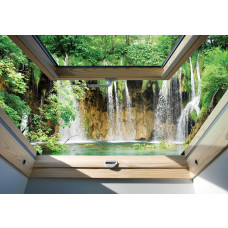 3D fotobehang met uitzicht op grote watervallen, water dat naar beneden stroomt.