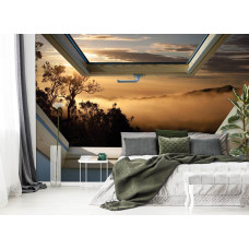 Een 3D-fotobehang met uitzicht op een mistig bos, ideaal voor de slaapkamer.