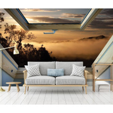 Een fotobehang van een mistig boslandschap gezien door een raam, perfect voor de woonkamer.