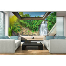 Een fotobehang met uitzicht op een waterval in de jungle door een dakraam.