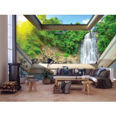 Een fotobehang van een waterval in een tropische jungle, ideaal voor de slaapkamer.