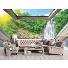 3D Fotobehang Uitzicht vanuit het Raam op de Waterval