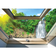 3D fotobehang met uitzicht op een waterval in een jungle, omringd door tropische planten.