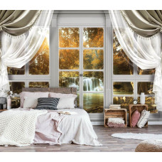 Een fotobehang van een waterval en herfstbos door een raam, ideaal voor de slaapkamer.