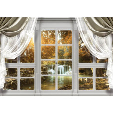 Fotobehang van een waterval in een herfstbos met kleurrijke bomen en 3D-effecten.