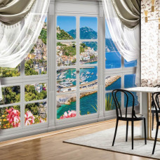 Een fotobehang van een stadsuitzicht door een raam, ideaal voor een moderne keuken.