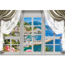 Fotobehang van een stad met uitzicht op zee en bergen door een raam in 3D-perspectief.