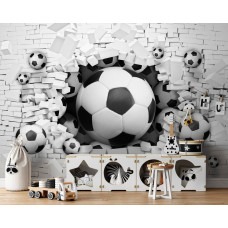 Fotobehang met stenen muur en voetballen die doorbreken, geschikt voor babykamer en kinderkamer.
