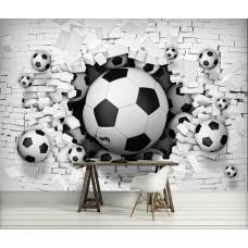 Fotobehang met doorbrekende voetballen en stenen muur, geschikt voor kinderkamer, slaapkamer en tienerkamer.