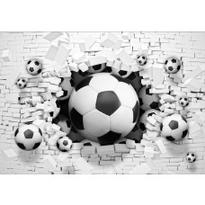 3D-fotobehang van voetballen die door een stenen muur heen breken, speciaal voor kinderen.