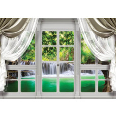 3D-fotobehang van een waterval die door een raam zichtbaar is, met 3D-effecten.