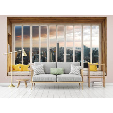 Fotobehang New York door het raam met wolkenkrabbers en stad Amerika in woonkamer.
