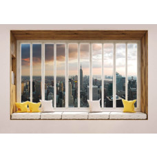 3D-perspectief fotobehang van New York met wolkenkrabbers, gezien door een raam.