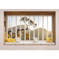 Fotobehang met uitzicht door een raam op een berglandschap in 3D-perspectief.