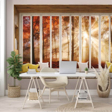 3D-perspectief fotobehang uitzicht door het raam op het bos in slaapkamer.