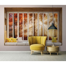 3D-perspectief fotobehang uitzicht door het raam op het bos in woonkamer.