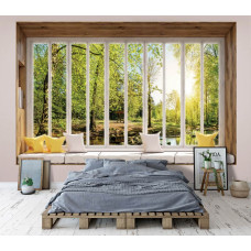 3D-perspectief fotobehang uitzicht door het raam op het zonnige bos in slaapkamer.