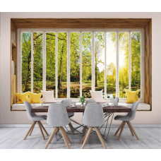 3D-perspectief fotobehang uitzicht door het raam op het zonnige bos in woonkamer.