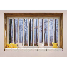 Uitzicht op een herfstachtig bos door een raam met 3D-perspectief op fotobehang.