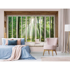 3D-perspectief fotobehang uitzicht op het zonnige bos vanuit het raam in slaapkamer.