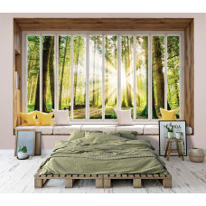 3D-perspectief fotobehang met uitzicht vanuit het raam op een zonnig bos met vlies in slaapkamer.