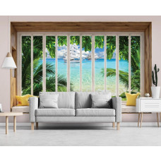 3D-perspectief fotobehang met zeezicht door het raam in huiskamer.