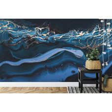 Een fotobehang met vloeibaar metallic goud in een abstract blauw marmerontwerp in een keuken.