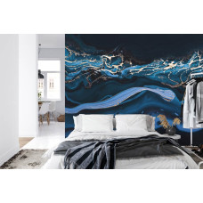Een fotobehang met vloeibaar metallic goud in een abstract blauw marmerontwerp in een slaapkamer.