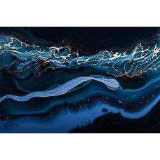 Fotobehang van vloeibaar metallic goud in combinatie met abstract blauw marmer, voor een dramatische en luxe uitstraling.