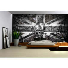 Een alchemie fotobehang met Engelse vlag en schedel voor de slaapkamer.