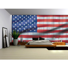 Een fotobehang met de Amerikaanse vlag voor de slaapkamer.