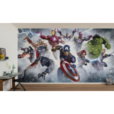 Behang Avengers Klaar Voor De Strijd in een kinderkamer met Captain America, Iron Man, Thor, Hulk en andere Marvel helden op een dynamische achtergrond.